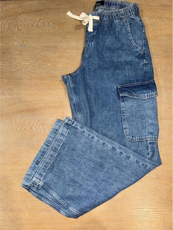 GAP Denim - Gap Denim High Rise Wide Leg Cargo Jeans 29” Womens M Blue Drawstring Casual